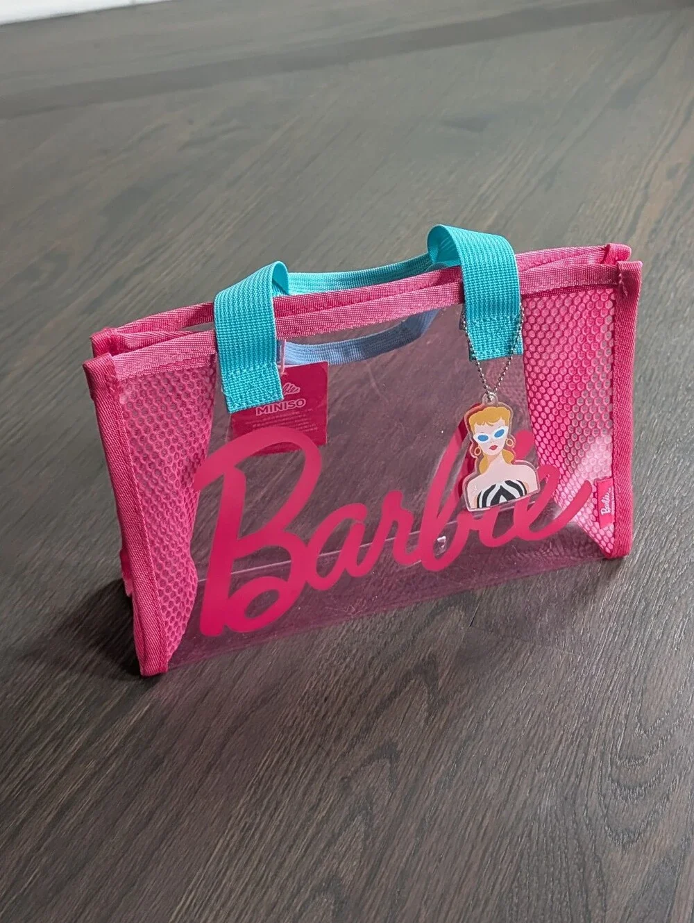 Barbie Pink Clear Tote Bag with Blue Handles